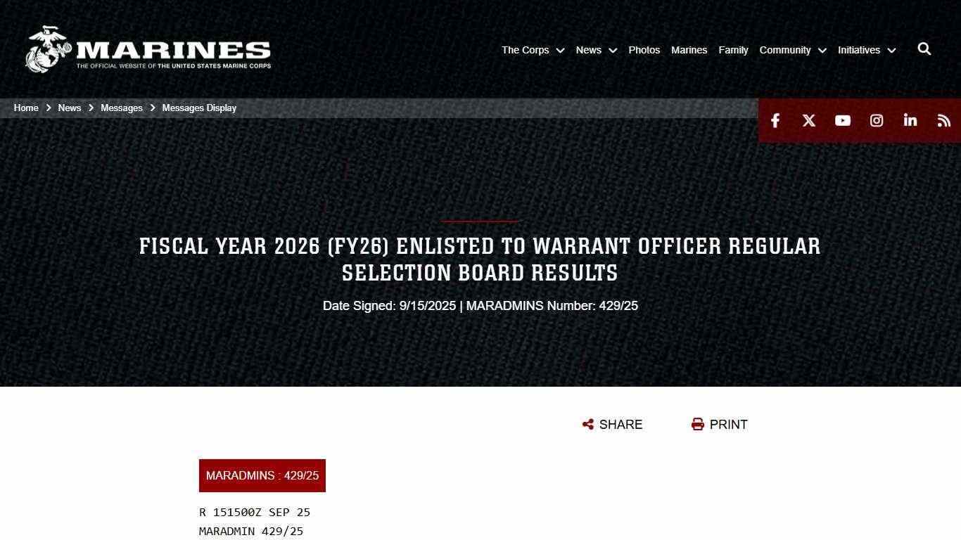 FISCAL YEAR 2026 (FY26) ENLISTED TO WARRANT OFFICER REGULAR SELECTION BOARD RESULTS > United States Marine Corps Flagship > Messages Display